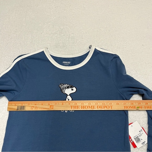 FOREVER 21 Long Sleeve T-shirt Snoopy Skiing Blue White Stripes Cropped Large - Picture 6 of 8
